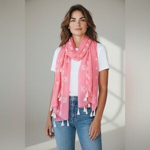 Crown & Ivy Embroidered Tassel Scarf Pink, One Size